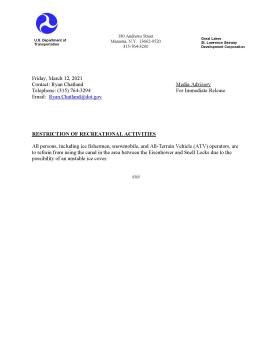 MEDIA ADVISORY - RESTRICTION OF RECREATIONAL ACTIVITIES