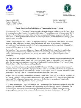 Media Advisory - Seaway Employees Receive U.S. Dept. of Transportation Secretary’s Award