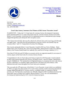 Press Release - Great Lakes Seaway Announces Port Winners of 2021 Season “Pacesetter Award”
