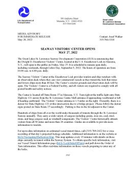 Media Advisory - Seaway Visitors' Center Opens May 27, 2022