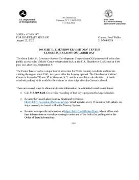 Media Advisory - August 25, 2022 (Dwight D. Eisenhower Visitors' Center Closes For Season On Labor Day)
