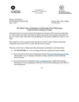 Media Advisory - May 1, 2023 (The Visitor Center at Eisenhower Lock Remains Closed This Season, North Overlook Viewing Lot Open)