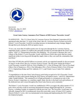 Press Release - Great Lakes Seaway Announces Port Winners of 2022 Season “Pacesetter Award”