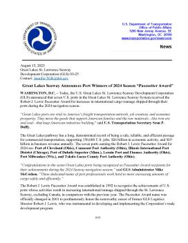 Press Release - August 15, 2025 (Great Lakes Seaway Announces Port Winners of 2024 Season Pacesetter Award)