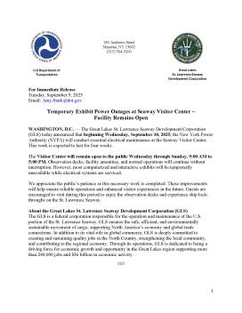 Media Advisory - September 9, 2025 (Temporary Exhibit Power Outages at Seaway Visitor Center—Facility Remains Open)